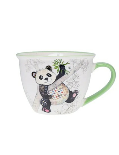 KIUB Bol timbale avec une anse - Motif panda sur sa branche de bambou- matière porcelaine fine - contenance 550ML