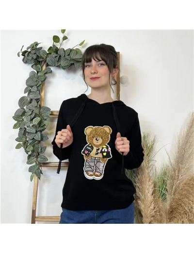 K599- Pull capuche Ourson (Tu) (noir)