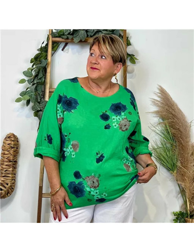 Z151- Tunique coton "FLEURS" (Gt) 🇮🇹 (vert brésil)