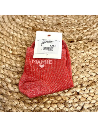 V328- Chaussettes paillettes "Mamie" (corail)