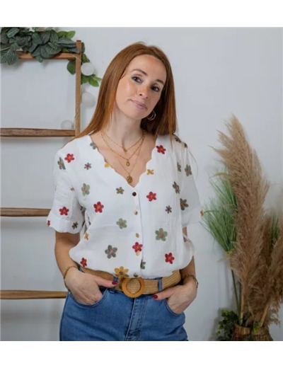 K303- Chemise Coton col dentellé (T36-T40) (blanc)
