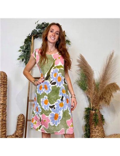 k271- Robe imprimée en Lin (T36-T44) (kaki)