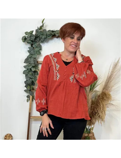 K769- Blouse coton brodée (T36-t40) (rouille)