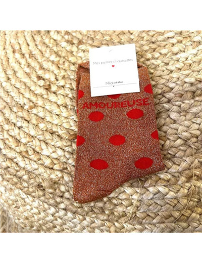 V313- Chaussettes paillettes "Amoureuse" (rouille)