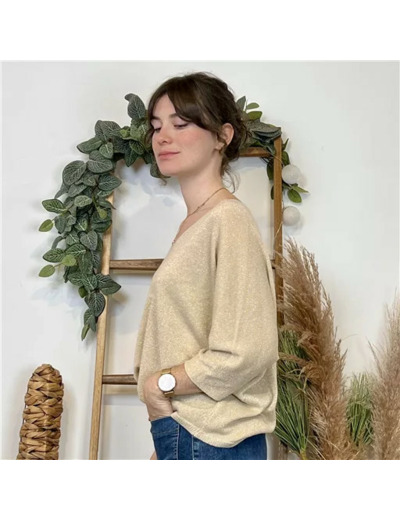 K052- Pull col en V Lurex (Tu) 🇮🇹 (beige)