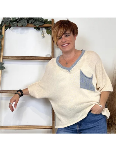 K313- Pull Court Maille (Tu) (ecru)