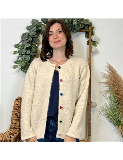 K114- Gilet "Version Féminin" Boutons ❤️💜 (T36-T40) (ecru)
