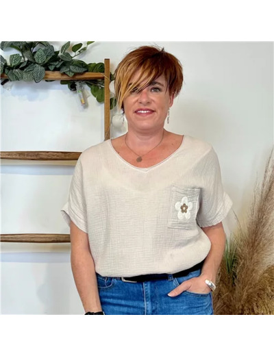 K248- Tunique coton Fleur 💮  (Tu) 🇮🇹 (beige)