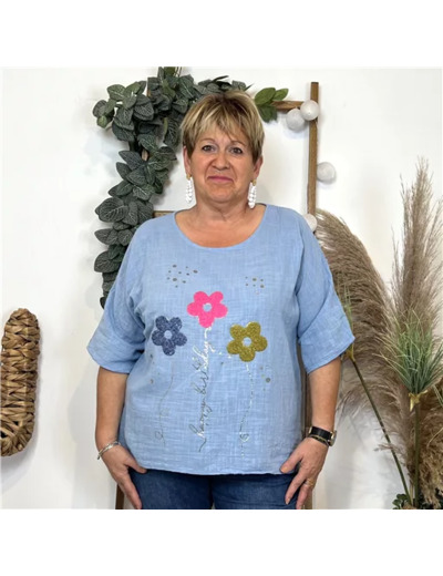 L467- Tunique 3 Fleurs Happy (Tu) 🇮🇹 (bleu ciel)