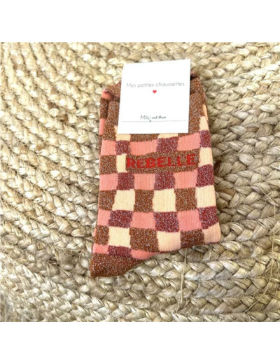 V323- Chaussettes paillettes "Rebelle" (corail)