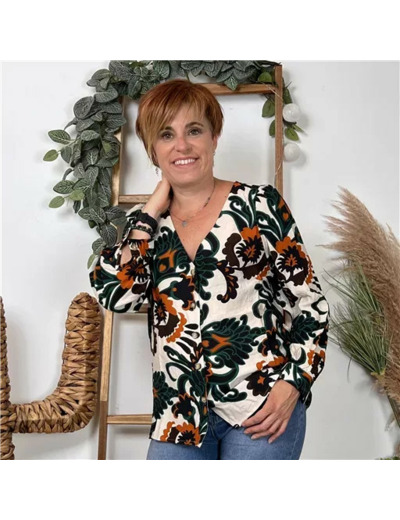 K107- Blouse "In April" imprimée (vert sapin)