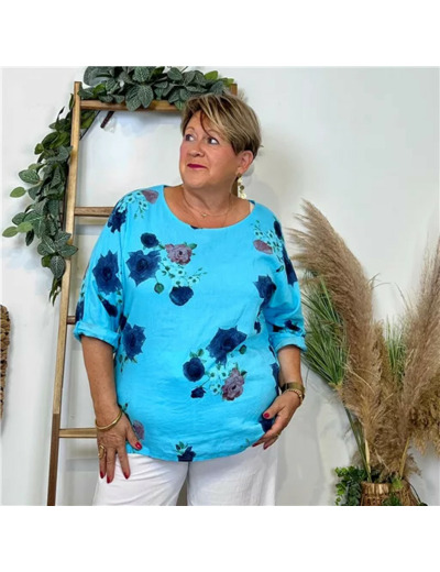 Z151- Tunique coton "FLEURS" (Gt) 🇮🇹 (bleu turquoise)