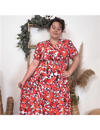 K322- Robe longue Coquelicots (T40-T48) (corail)