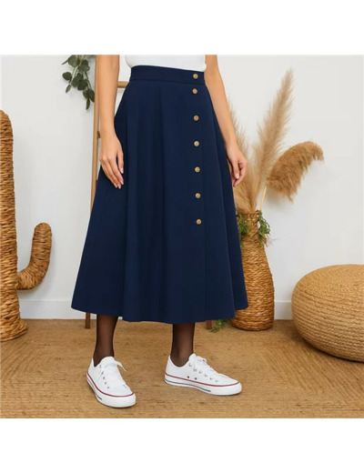 L728- Jupe boutonnée coton « Maëlle » (T36-T38) (marine)