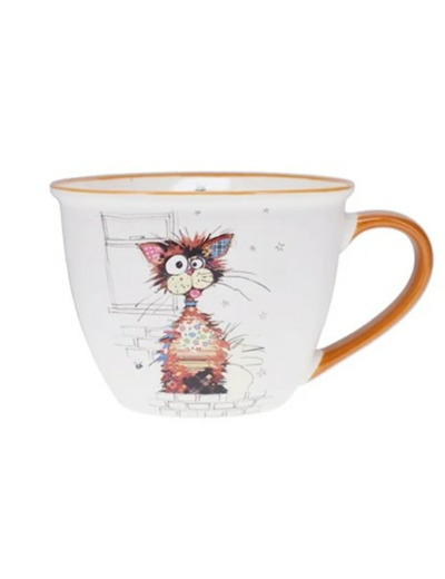 KIUB Bol timbale avec une anse - Motif grand chat marron stylisé nommé Ziggy- matière porcelaine fine - contenance 550ML