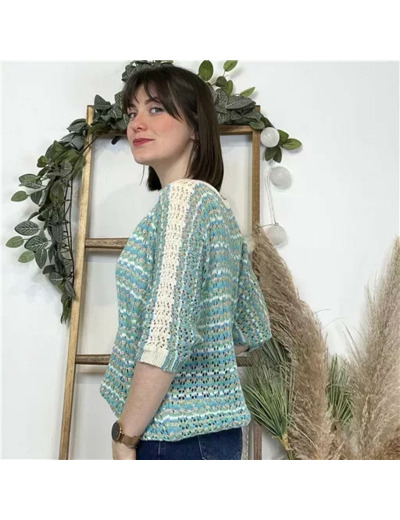 K491- Pull rayé Lurex (Tu) 🇮🇹 (bleu turquoise)