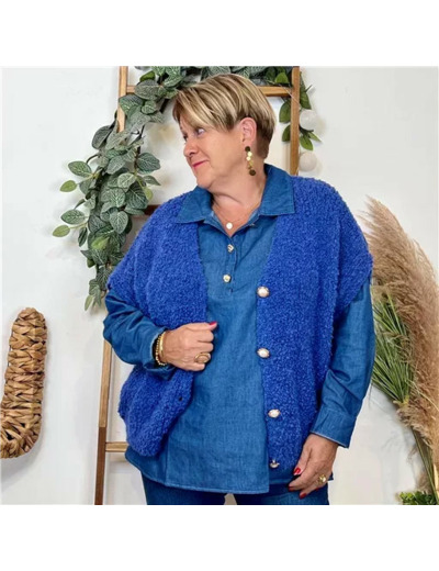 K128- Gilet bouclette sans manches (Tu) (bleu royal)