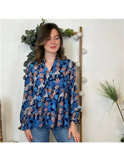 K030- Blouse By One imprimé tropical (bleu royal)