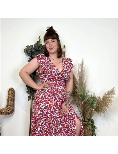 K404- Robe longue Coquelicots (T40-T48) (rouge)