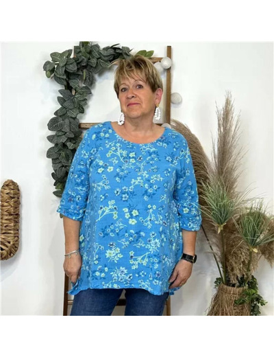 L468- Tunique coton Fleurettes (Gt) 🇮🇹 (bleu turquoise)