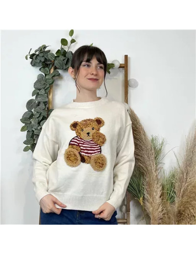 K598- Pull Ourson "Version Féminin" (Tu) (ecru)