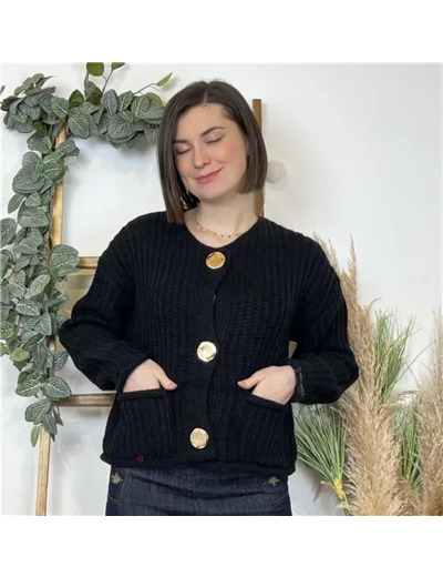 K678- Gilet Grosse Maille bouton doré (Tu) (noir)