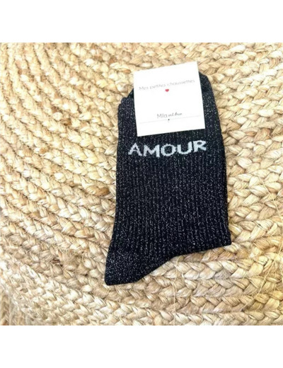 V329- Chaussettes paillettes "Amour" (noir)