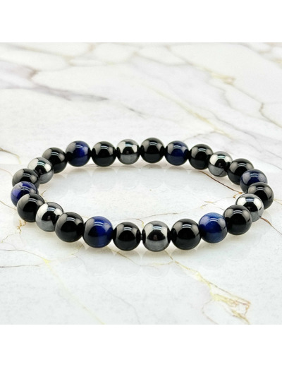 Bracelet "Triple Protection" en Oeil de Tigre bleu, Hématite et Obsidienne Noire