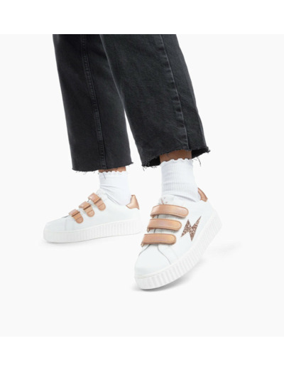 Baskets éclair blanc et rose gold à scratchs - Bonnie - Vanessa Wu