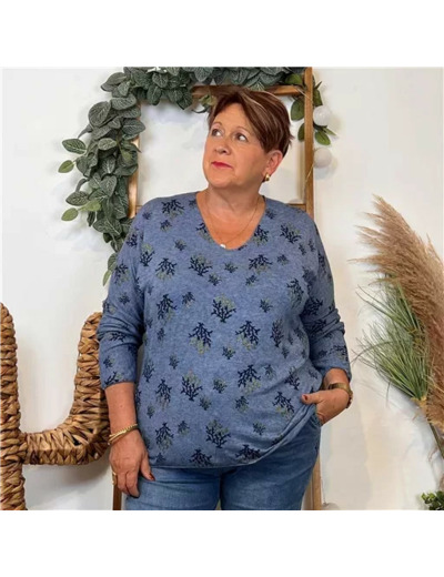 Z128. Pull imprimé "Coraux" (GT) 🇮🇹 (bleu jeans)