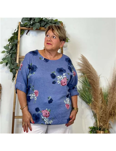 Z151- Tunique coton "FLEURS" (Gt) 🇮🇹 (bleu jeans)