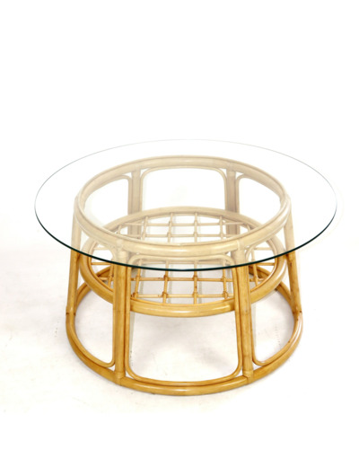 Table en osier et plateau en verre