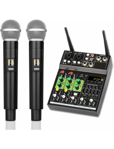 Gsrimgratoe Mélangeur audio 4 canaux avec 1 tirage 2 micros sans Console de mixage avec effet Bluetooth USB pour DJ karaoké PC Guitar