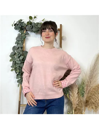 K519- Pull "Vichy" Version Féminin (Tu) (rose pâle)