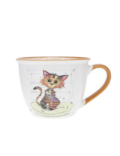 KIUB Bol timbale avec une anse - Motif chat marron stylisé- matière porcelaine fine - contenance 550ML