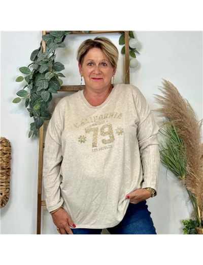 Z137- Pull femme grande taille motif doré Californie 79 (beige)