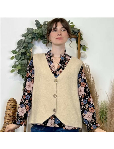 K043- Gilet sans manche en maille (Tu) (beige)