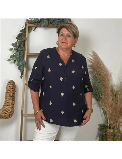 K757- Blouse brodée Christy (T44-T52) (marine)
