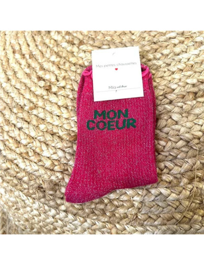 V325- Chaussettes paillettes "Mon Coeur" (fuchsia)