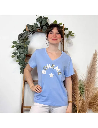 K437- T-shirt Bohême ⭐ (T36-T40) (bleu ciel)