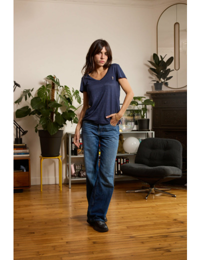 T shirt en lin femme - bleu - col v