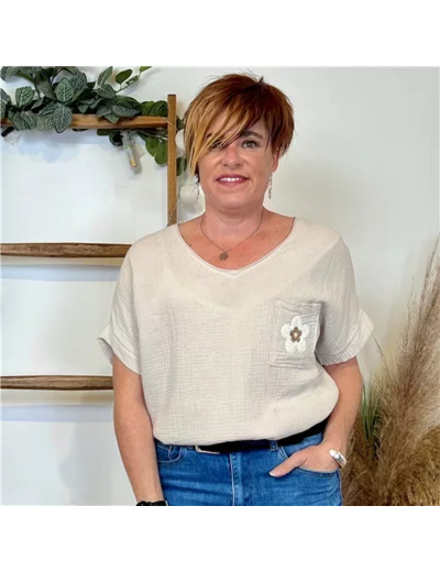 K248- Tunique coton Fleur 💮  (Tu) 🇮🇹 (beige)