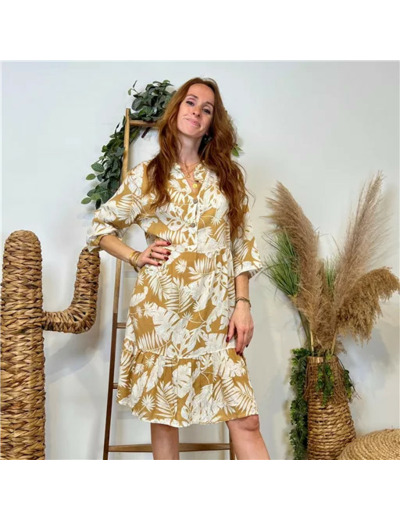 K151- Robe feuillages manches (Tu) 🇮🇹 (moutarde)