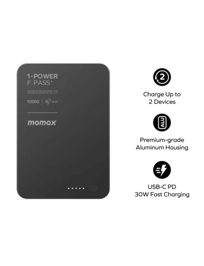 MOMAX Batterie externe magnétique 1-Power F.Pass+ 10000mAh avec câble USB-C intégré