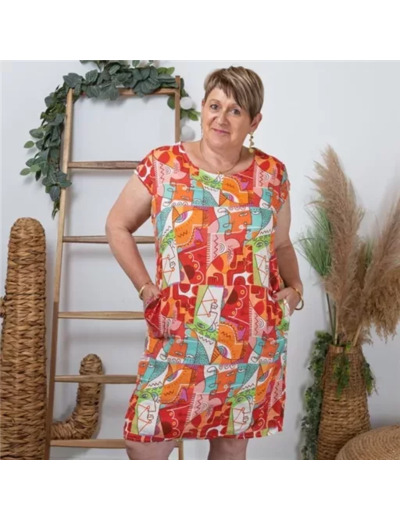 k271- Robe imprimée en Lin (T36-T44) (rouge)