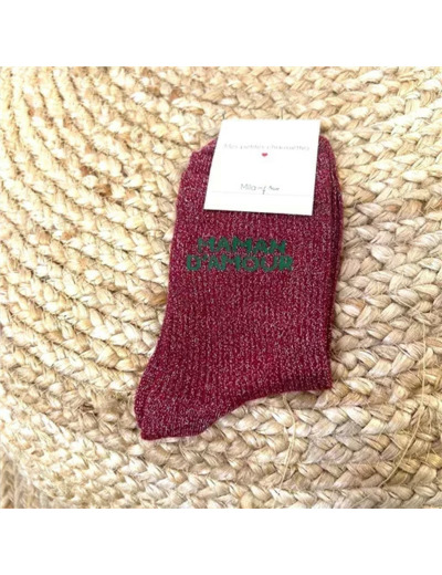 V315- Chaussettes paillettes "Maman d'Amour" (bordeaux)