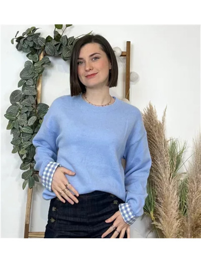 K519- Pull "Vichy" Version Féminin (Tu) (bleu ciel)