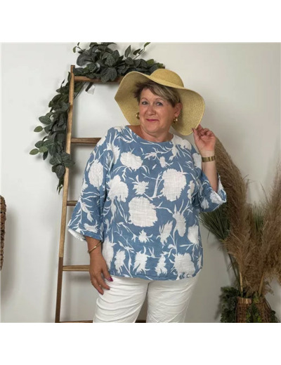 K225- Tunique Fleurie (Tu) (bleu jeans)