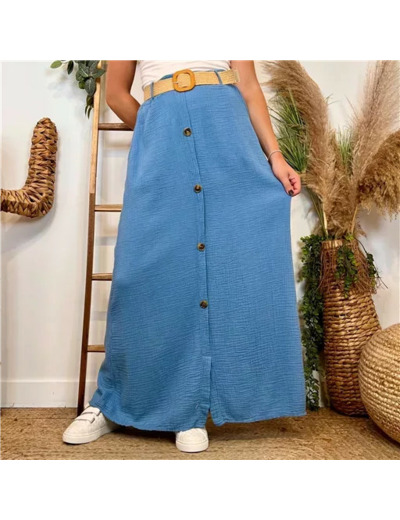 L723- Jupe gaze de coton + ceinture (Tu) 🇮🇹 (bleu jeans)