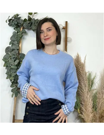 K519- Pull "Vichy" Version Féminin (Tu) (bleu ciel)